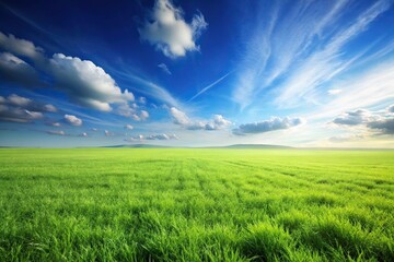 Fototapeta premium Symmetrical peaceful green grass field under a clear blue sky perfect for nature backgrounds.