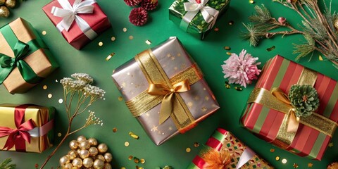 A Festive Display of Wrapped Gifts Adorned with Ribbons, Pine Cones, and Glitter on a Vibrant Green Background