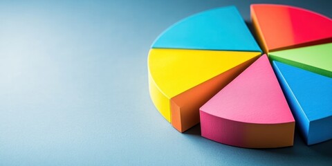 Obraz premium Colorful pie chart divided into six sections, isolated on blue background.