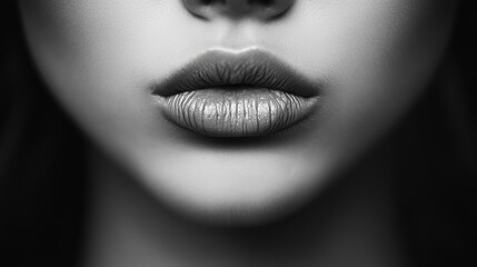 Close-up Black and White Image of Female Lips with Glossy Texture, Sensual and Minimalist Portrait