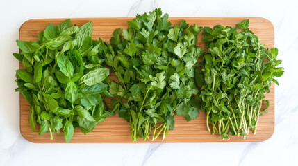 Fototapeta premium Fresh Thai herbs including basil, cilantro, and mint are beautifully arranged on wooden cutting board, showcasing their vibrant green colors and fresh appearance