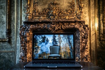 A laptop displaying a picturesque forest scene with a lone chair in the foreground, set against a backdrop of an ornate fireplace in a luxurious, antique-style room.