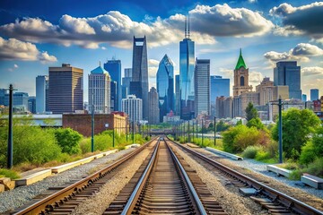 Fototapeta premium Symmetrical Philadelphia skyline view from west side with railroad tracks in foreground