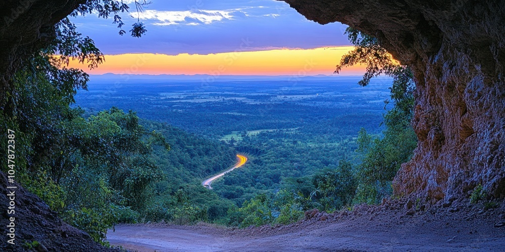 Sticker View of a winding road through a lush green forest at sunset from a cave opening.