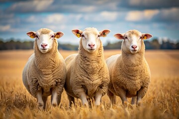 Fototapeta premium Symmetrical photo of three sheep in a stubble paddock