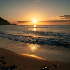 Sunset over a tranquil beach with gentle waves