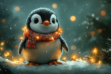Obraz premium Adorable Penguin in Winter with Christmas Lights