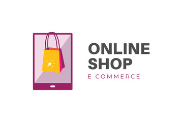 Online Shop logo designs with smart phone Shop bag vector logo element symbol