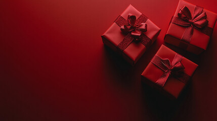 Elegant red gift boxes arranged on a deep red background for a romantic Valentine's Day celebration