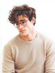 Fototapeta premium young man with curly dark hair and glasses wearing beige sweater against white background, portrait in natural lighting