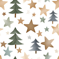A festive pattern featuring various stars and Christmas trees on a white background, perfect for holiday designs and celebrations.