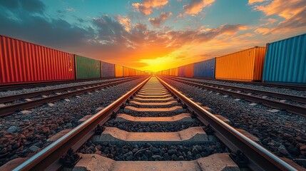 Fototapeta premium A striking image of colorful shipping containers aligned on railway tracks