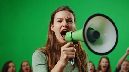 A young woman passionately speaking into a megaphone surrounded by supporters.