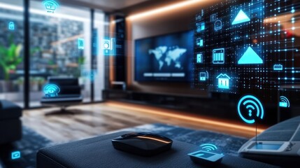 Fototapeta premium A modern living room interior with a smart home system interface.