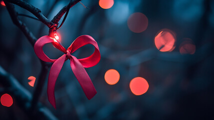 Beautiful Valentine's Day background with red ribbon bow and glowing lights in a romantic setting