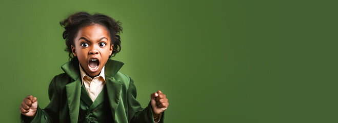 Banner of an emotional little African American boy in a green suit on green background. Halloween costume.