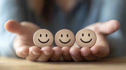 Three wooden smiley face tokens are held in an open hand, symbolizing positivity and happiness.