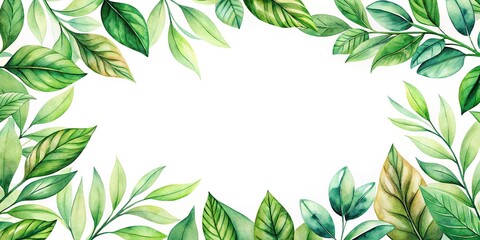 Tilted angle white background with watercolor green leaves image