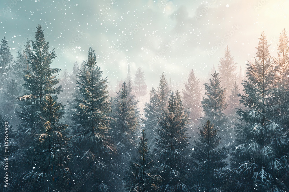 Aufkleber amidst the towering pine trees, fresh snowflakes cascade down in a tranquil forest, creating a peace