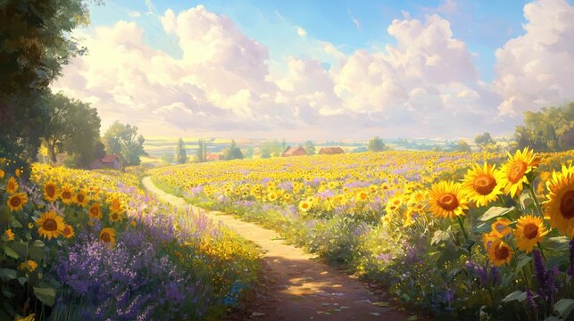 Sunflower field in coudy background