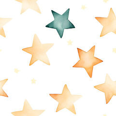 A colorful pattern of stars in varying shapes and sizes against a white background, creating a whimsical and night sky-like effect.