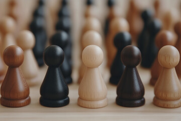 wooden chess pieces arranged in alternating black and white pattern on chess board closeup