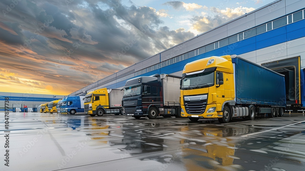 Poster Multiple trucks and vans are lined up at a warehouse, with preparations underway for loading cargo as the sun sets. Generative AI