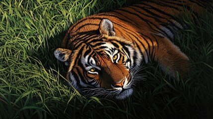 Obraz premium Tiger Relaxing in Lush Green Grass