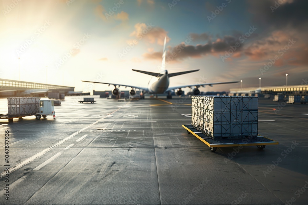 Aufkleber A cargo airplane is parked on the runway at sunset while loading and unloading equipment facilitates air freight operations. Generative AI