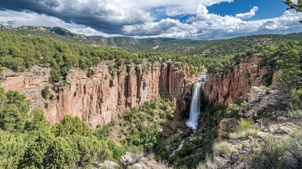 Scenic Waterfall Surrounded by Rocky Cliffs and Forests