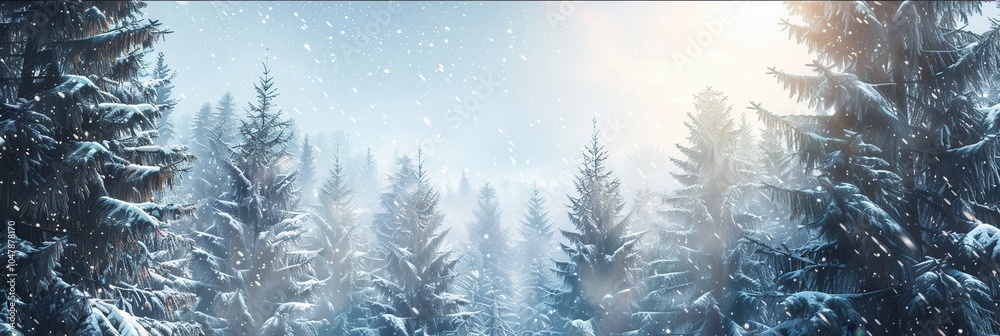 Aufkleber tall pine trees stand majestically in a snow-covered forest, while gentle snowfall creates a peacefu