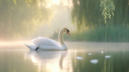 Fototapeta premium Graceful swan gliding on serene lake at sunrise in misty morning