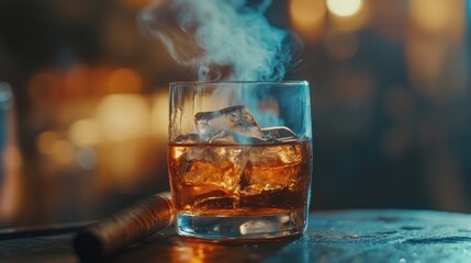 A glass of amber-colored whiskey on the rocks with a cigar and smoke.