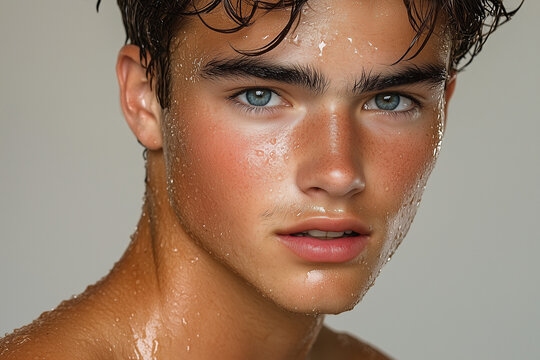 portrait of young man with wet skin with water droplets