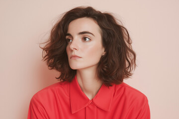 Obraz premium young woman with dark wavy hair in red shirt looking away on pink background