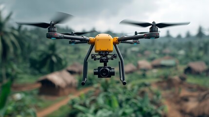 Drone in Flight Over Lush Green Landscape