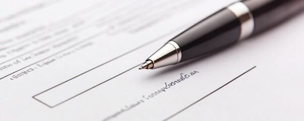 A black pen sits on a blank white document with lines ready for signing.