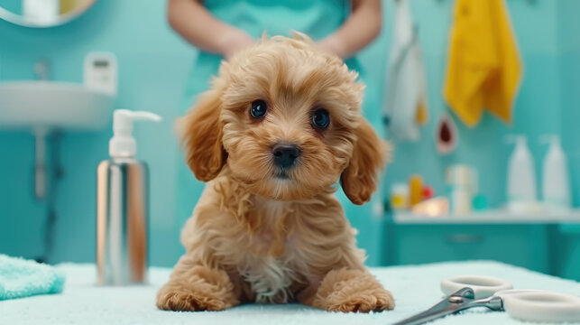 Skilled groomer expertly trims fur on a tiny pup at a cozy pet spa. Quality service for your beloved furry friend