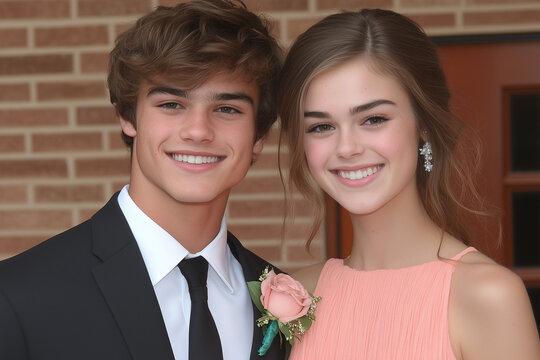 young couple in formal attire smiling at prom or homecoming dance