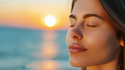 A young woman basks in the warm glow of the sunset, embracing peace and relaxation with a serene expression.