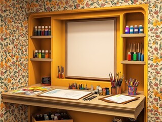 Obraz premium An artist's workspace with an empty canvas, paintbrushes, paints, and other art supplies.