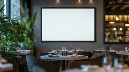 Close-up of a blank white frame on a wall in a modern restaurant, a mockup template for a digital advertising display.
