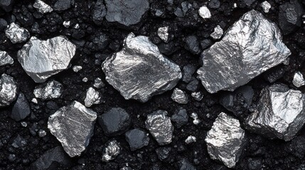 Close-up of metallic silver and black stones with rough textures.