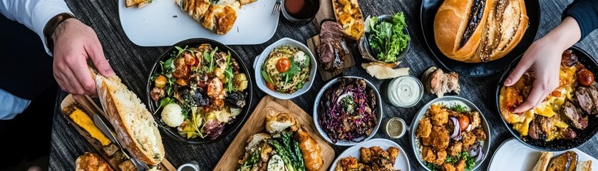 A top-down view of a table spread with various delicious dishes including a salad, pasta, and a sandwich.