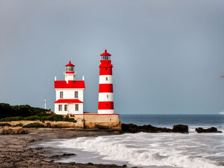 Fototapeta premium Red and white lighthouse on the seashore