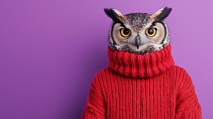 snow owl wearing cozy red knit sweater stands against vibrant purple background, exuding playful and whimsical charm. This unique image captures essence of creativity and fun