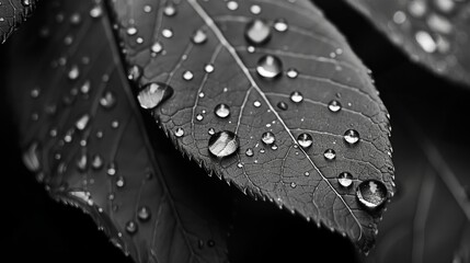 Dew drops clinging to a spider web like dew on a leaf. Black and white art