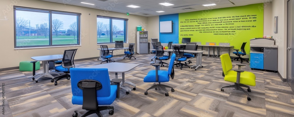 Wall mural Modern classroom with blue and green chairs and desks.