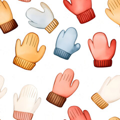 A colorful pattern of mittens and snowflakes on a white background, evoking a cozy winter atmosphere.