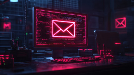 A computer screen glows with a neon red email icon, set in a dark, tech-laden environment, suggesting a digital communication theme.